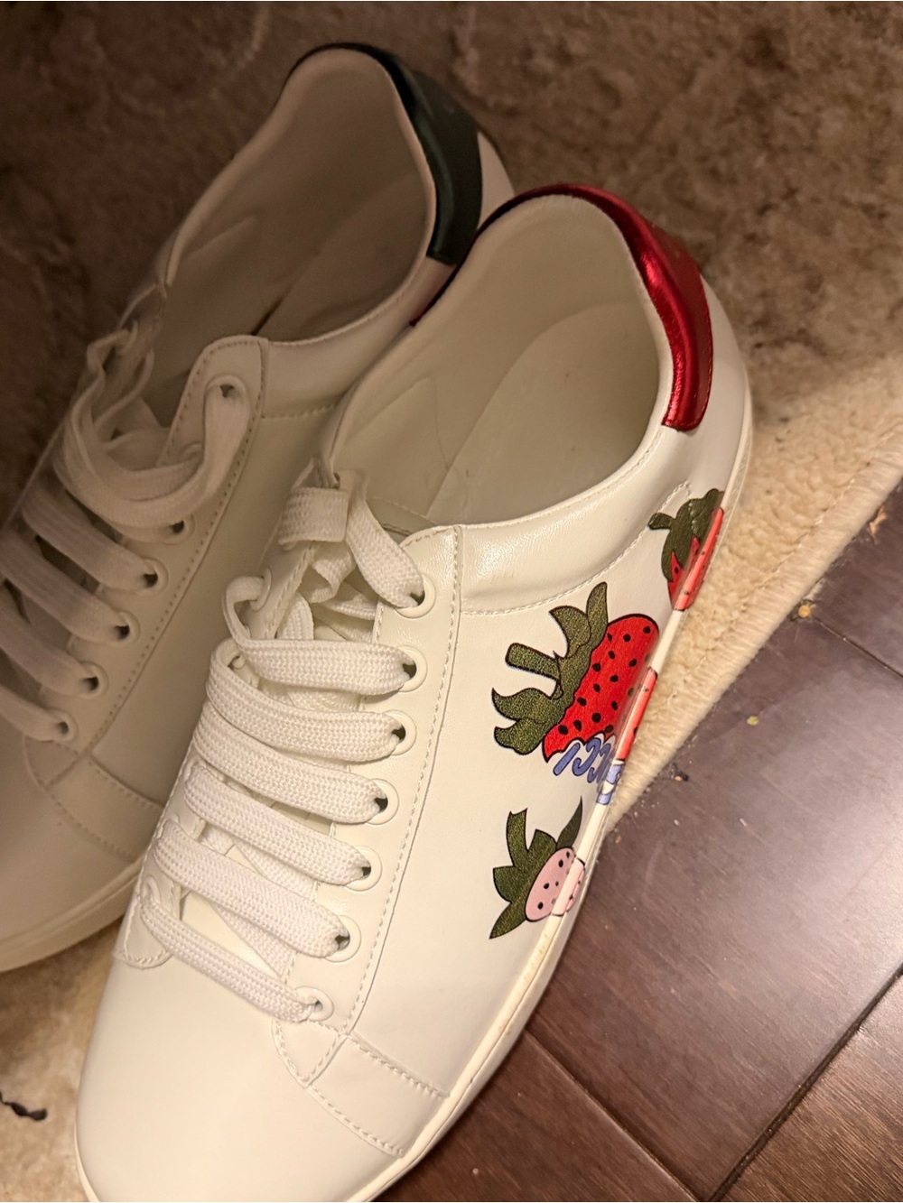 Gucci White Leather Sneakers with Red and Green Strawberry Accents